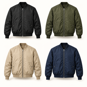 Illustrative lightweight bomber jackets in black, olive, sand beige and navy