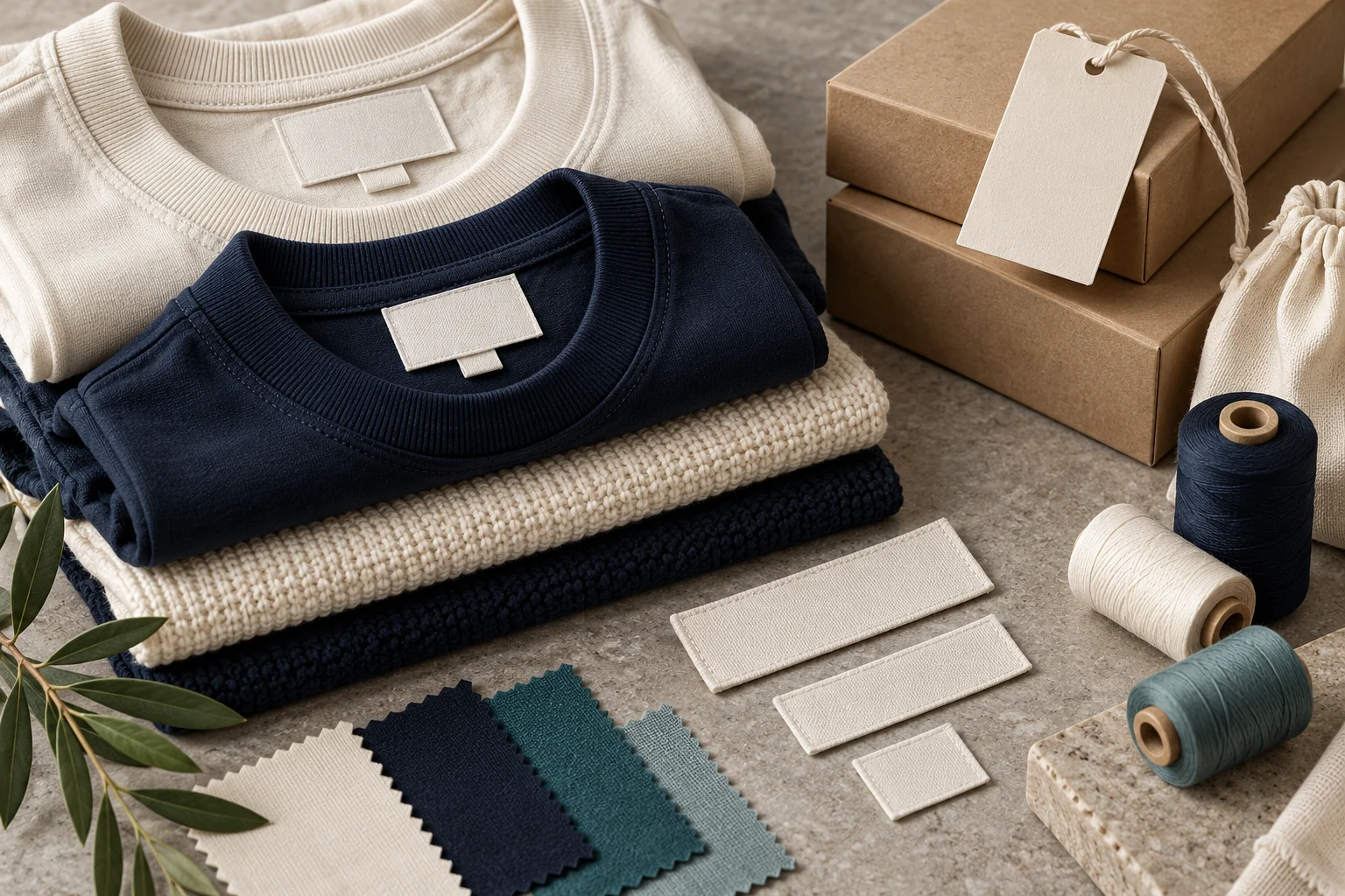 Illustrative private-label garments, blank labels and packaging