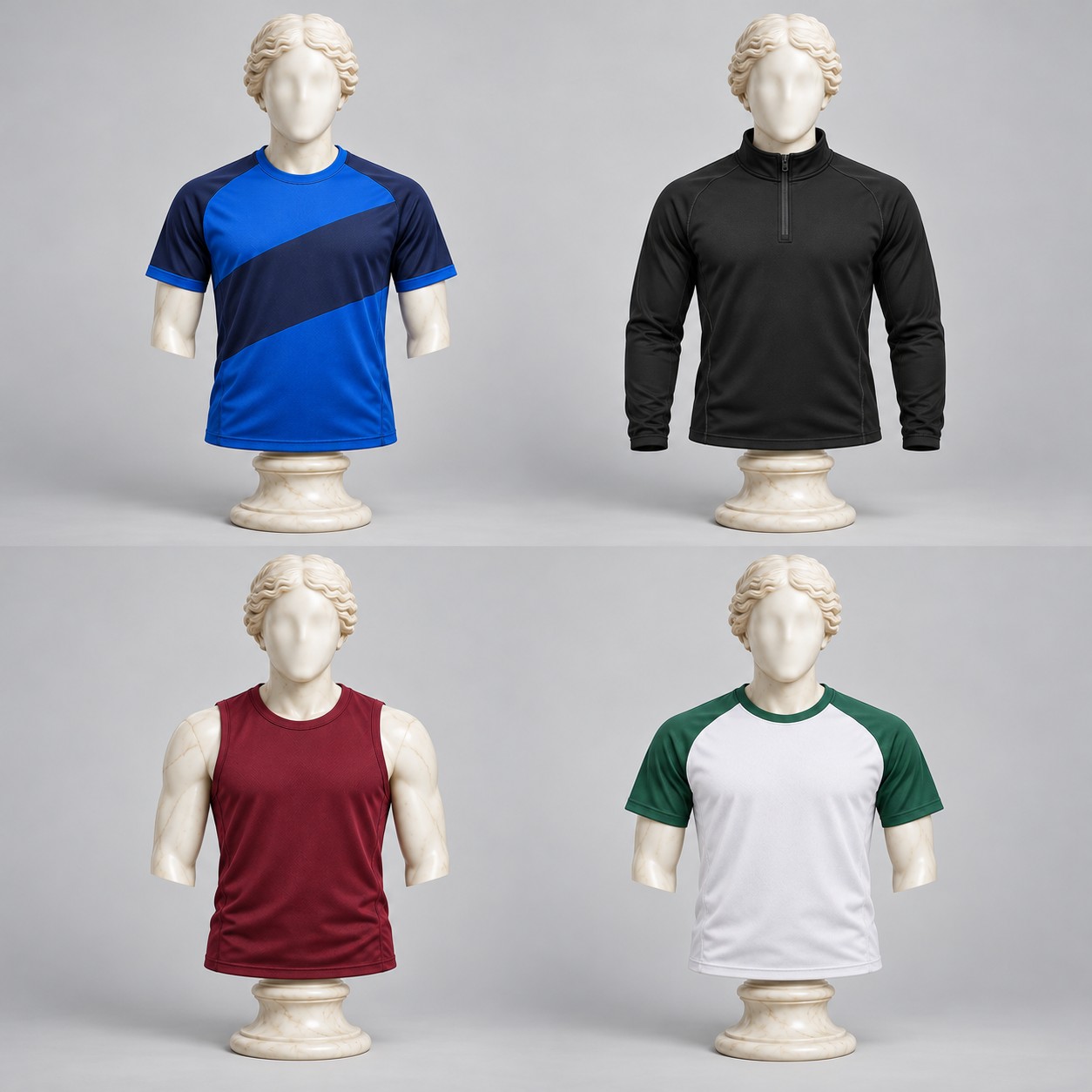 Performance Sports Tops displayed on marble mannequins. AI concept visual.