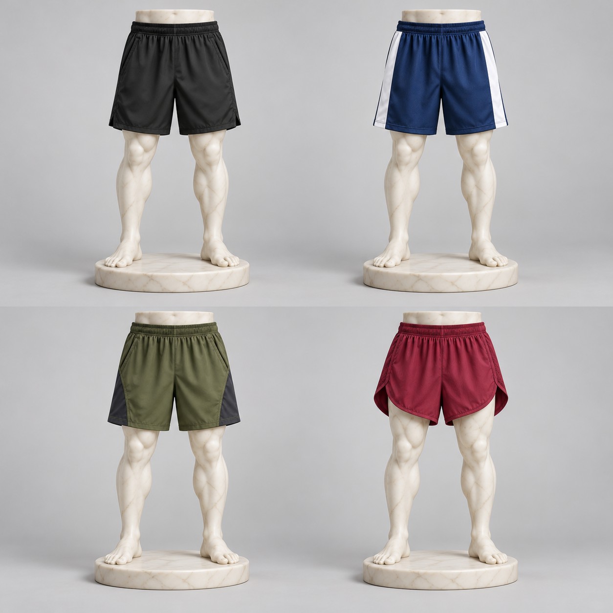 Training, Football & Running Shorts displayed on marble mannequins. AI concept visual.