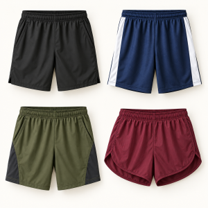 Illustrative black training shorts, navy football shorts, olive gym shorts and burgundy running shorts