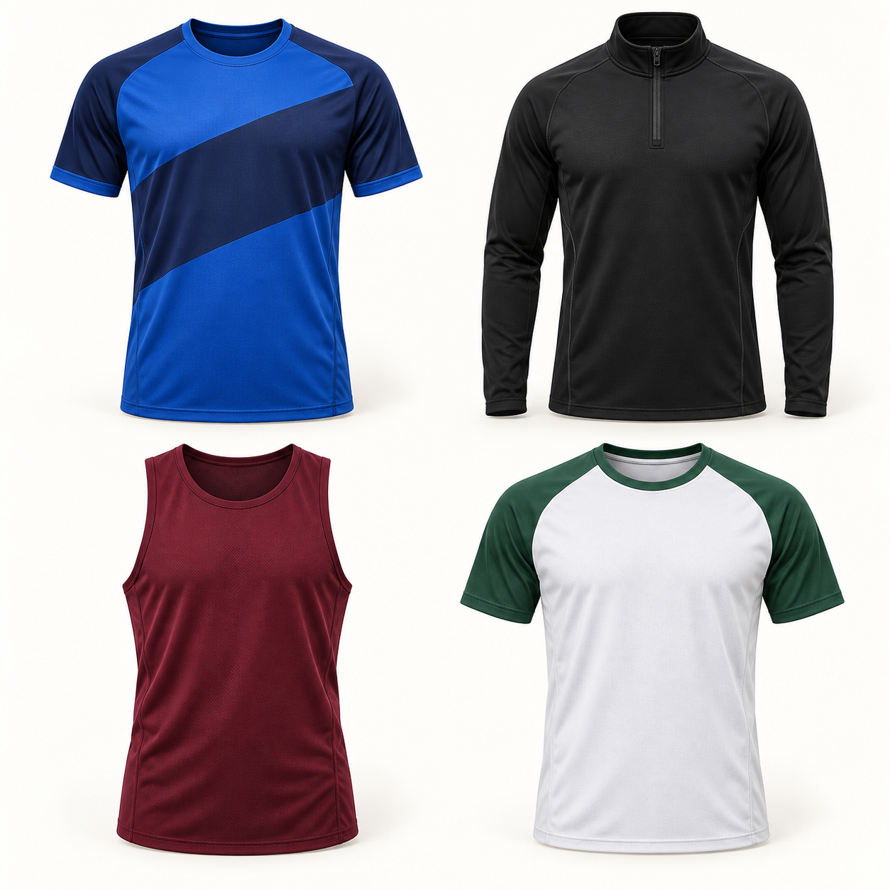 Illustrative colourblock football jersey, quarter-zip training top, gym tank and raglan sports T-shirt